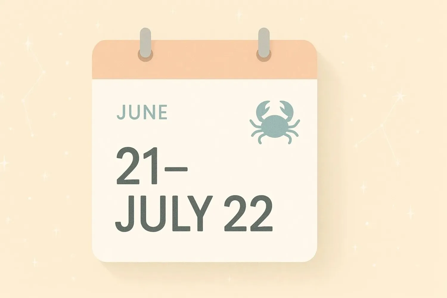 A calendar highlighting June 21 to July 22, with a subtle crab icon